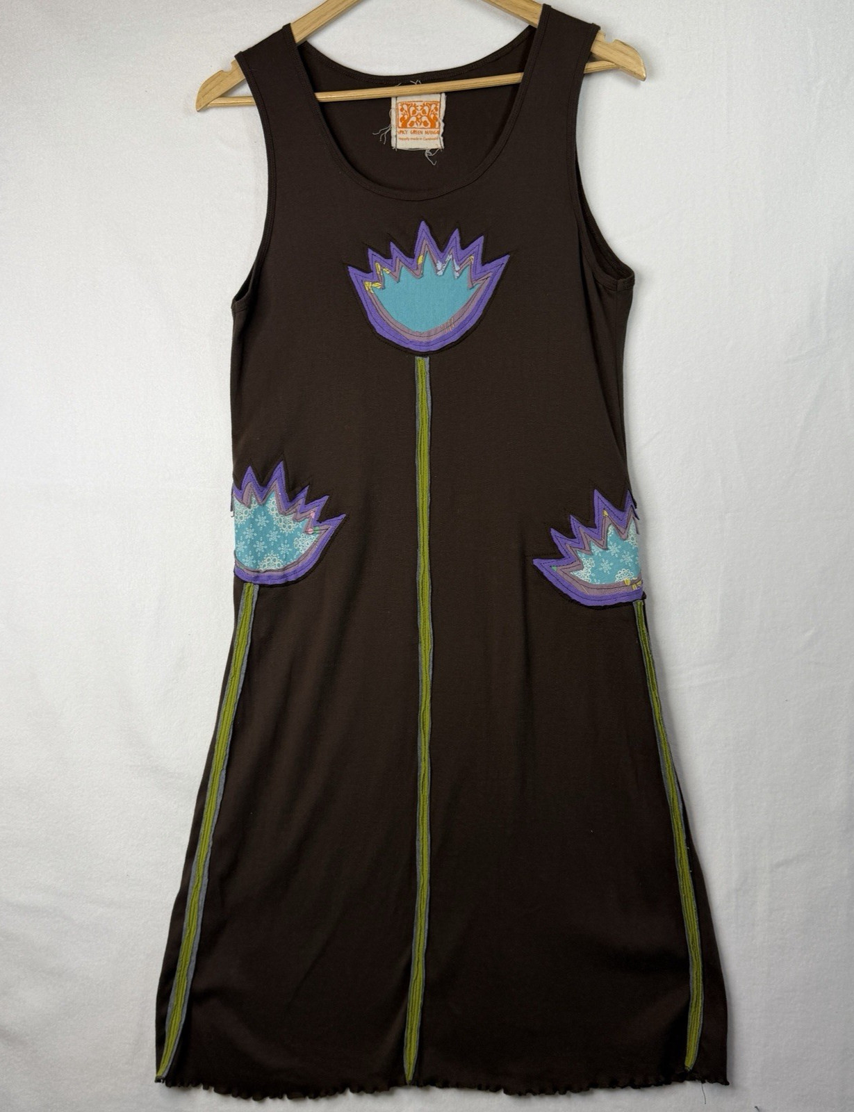 Spicy Green Mango Brown Applique Flower Sleeveless Jersey Dress Boho Women's Med