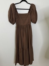 Abercrombie & Fitch Emerson Poplin Puff Sleeve Midi Dress in Brown Size XS