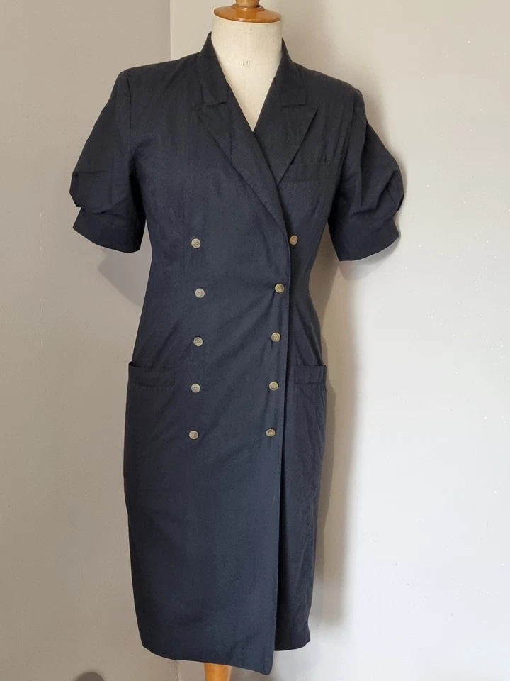 BETTY BARCLAY : ROBE VINTAGE 80s 90s PORTEFEUILLE 100 % COTON NOIR BLACK SUMMER - Photo 1/4