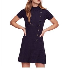 Free People Navy Rib Knit Sweater Dress Mock Neck Button Detail Short Sleeve 