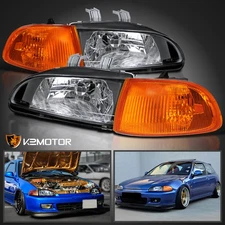 Fits 1992-1995 Honda Civic 2DR 3DR Black Headlights+Amber Corner Lamps 93 94 95