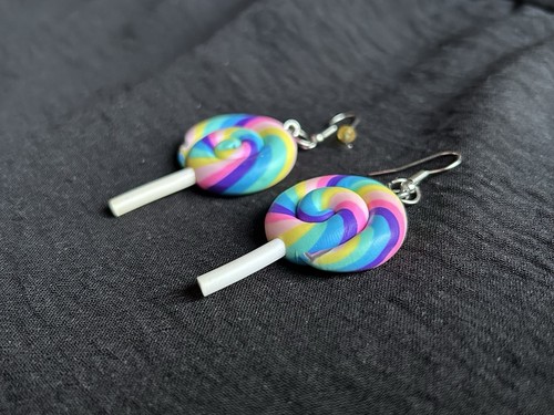 1.5” Colorful Blue Pink Swirl Lollipop Candy Kawaii Dangle Rave Hook Earrings - Picture 6 of 9