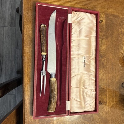 STAG HORN HANDLE 2 PIECE LARGE CARVING SET BY RICH. ABR. HERDER GERMANY