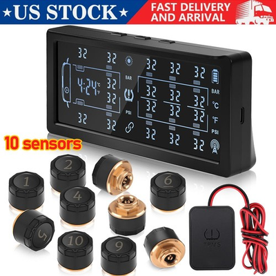 #ad LCD Wireless RV Trailer Tire Pressure Monitoring System TPMS 10 External Sensors $73.99