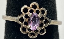 .925 STERLING SILVER FILIGREE FLOWER RING WITH OVAL AMETHYST CENTER SIZE 6.5