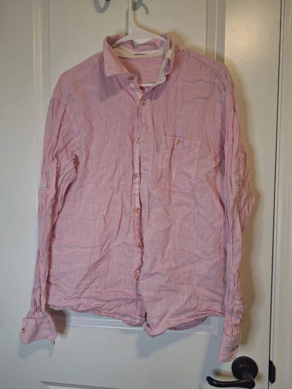 Men's Pink Bugatchi Linen Button Down Ling Sleeve Shirt Large EUC