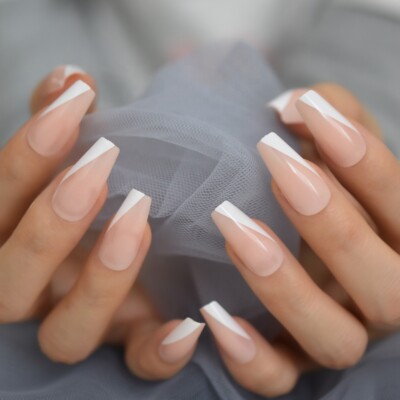 Glossy Super Long Nude Pink White French Smile Line Tips Shiny Ballerina Fake Uk Ebay
