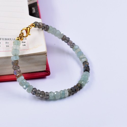 Pulsera facetada Rodelle aguamarina natural + labradorita 4-5 mm joyería 7" - Imagen 2 de 9