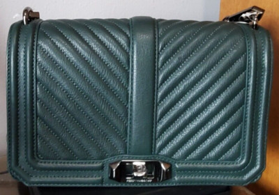 Rebecca Minkoff Chevron Quilted Leather SM Love Crossbody Hand Bag Deep Jade