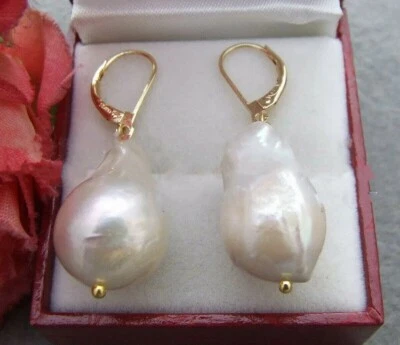 Real Huge 14x21mm South Sea White Kehsi Baroque Pearl Gold Dangle Earrings - Image 1 of 4