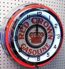 18" RED CROWN Gasoline Sign Double Neon Clock Gas Station Lube
