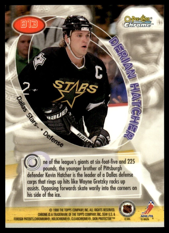 1998-99 O-Pee-Chee Chrome Board Members Derian Hatcher Dallas Stars #B13 - Image 2 of 2