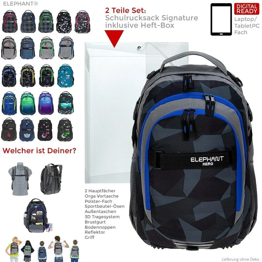 Schulrucksack Rucksack Jungen Mädchen Elephant Signature Hero Daypack + Heftbox - Bild 4 von 4