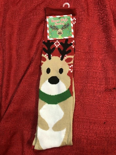Women’s Knee High Holiday Socks REINDEER Novelty Gift OSFM One Size Fits Most N - Foto 2 di 12