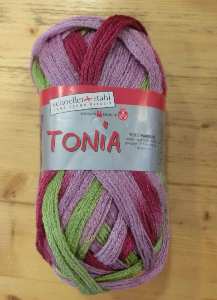 (69 €/kg): 100 g TONIA - Rüschengarn in pink/rosa/grün  #3259 - Bild 1 von 1