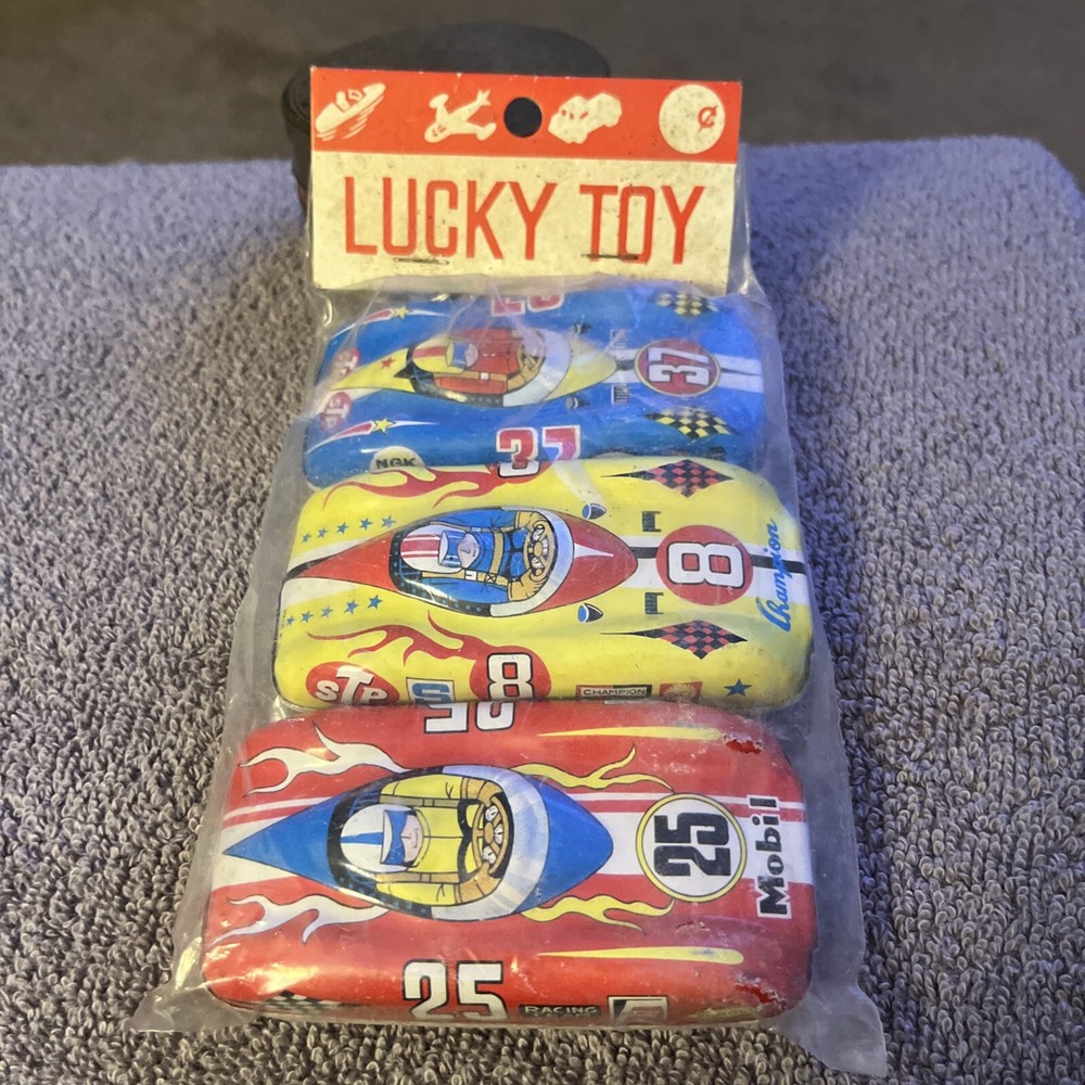 Vintage Toy Tin  Racing Cars STP Mobil Champion Ads Sealed Package 50s Japan