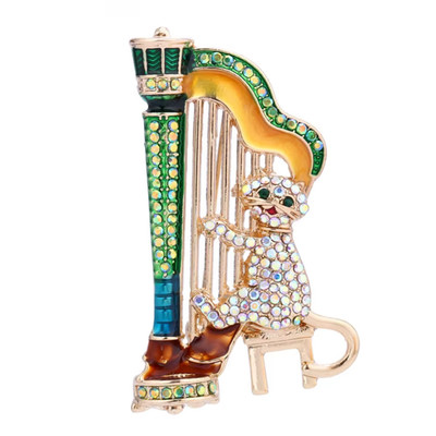 Sparkling Rhinestone Music Cat Harp Brooch Gold Pin Animal Statement Jewelry Gif
