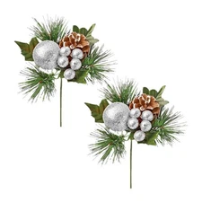 Christmas Artificial Stem with Glitter Bauble Berries and Pine Cone - 2x Silver
