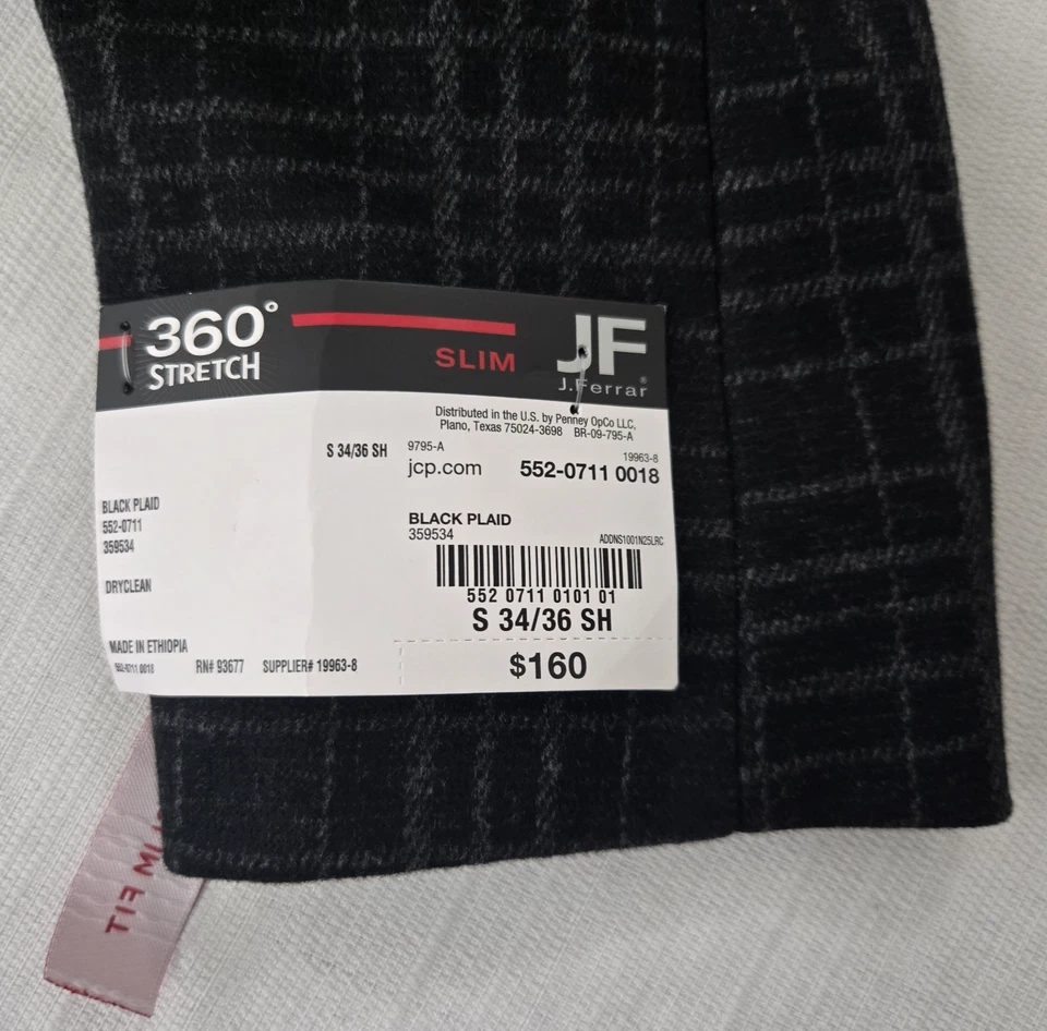 J Ferrar JF Men's Black Plaid Knit Blazer Sz S 34/36 Short Slim Fit Stretch $160 - Image 3 of 4