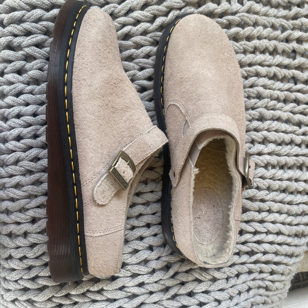 Dr Martens Isham Men\'s Sz 13 Taupe Long Napped Suede Buckle Fur Lined Clog Dr. Martens Isham Long Napped Suede Mules main image 2