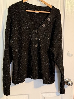 ana Black Henley Sweater With Colorful Flecks Large