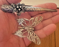 VTG lot of 2 Hair / Scarf clips John Hardy Butterfly Rhinestone Floral