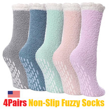 4Pairs Non-Slip Soft Fuzzy Socks With Grips Winter Warm Thick Slipper Socks