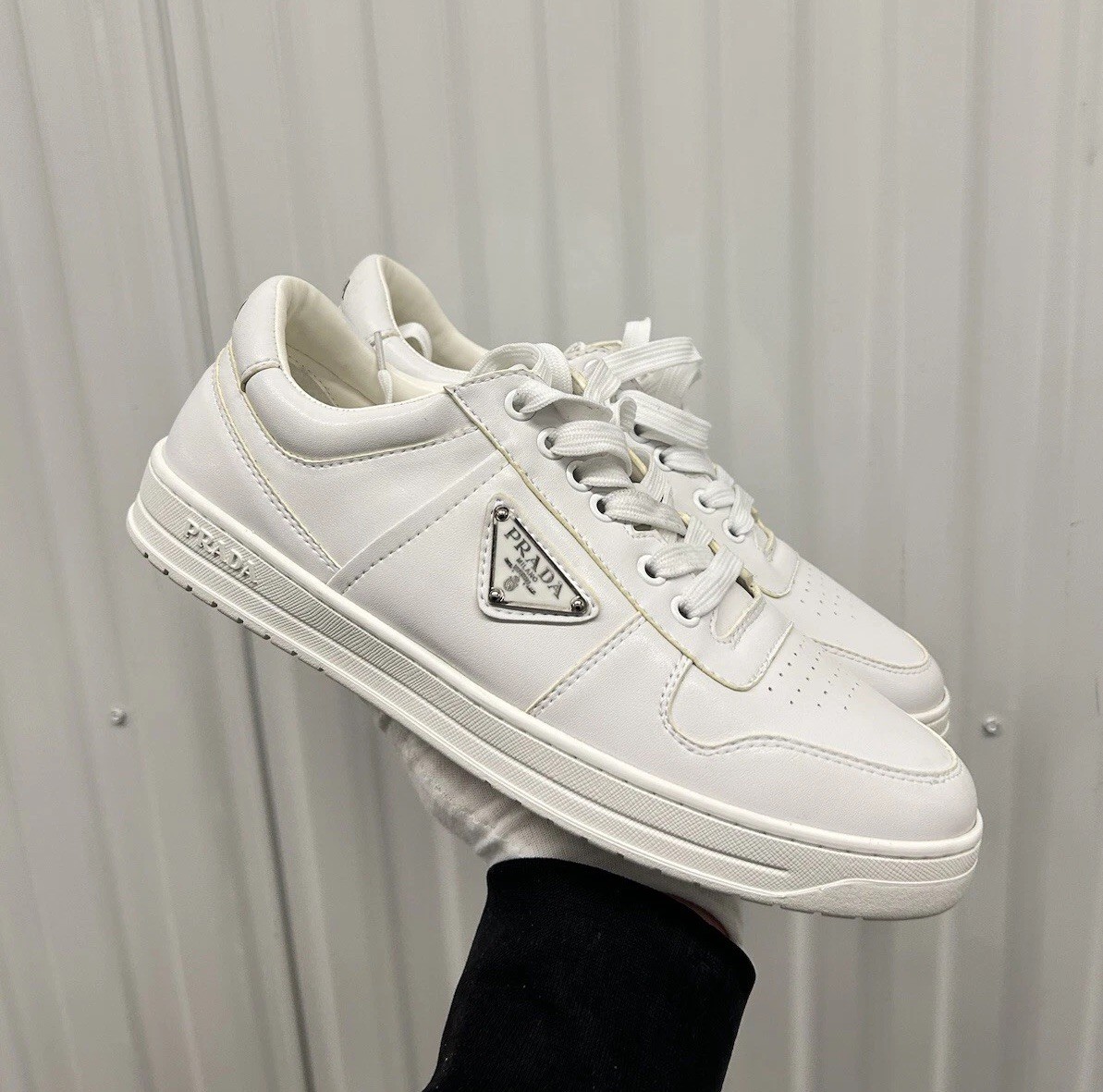 Prada Men's White Downtown Nappa Leather Sneakers Triangle 8 UK 9