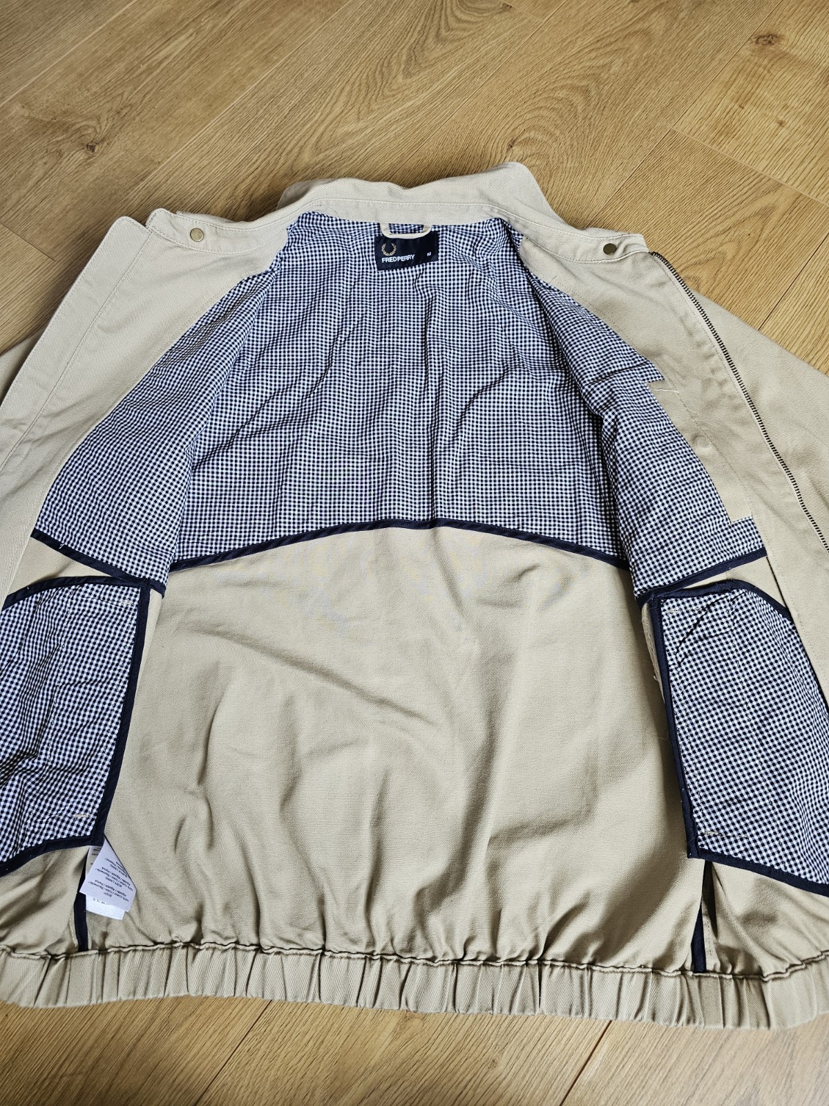 Fred Perry Mens Harrington Jacket Size Medium Beige Tan Laurel Wreath Gingham image 5