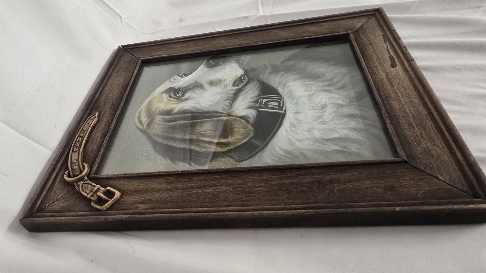 Scarce Antique UMC Hunting Dog Litho in Orig Belt Horseshoe  Frame Early 1900s