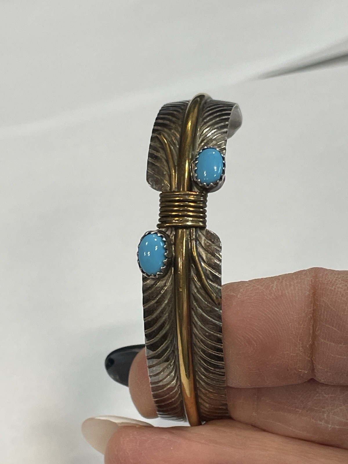 NATIVE AMERICAN SILVER FEATHER CUFF BRACELET SIGN… - image 3