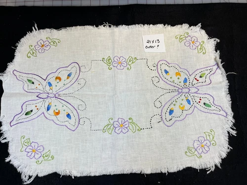 Vintage Linen Butterfly Embroidered Dresser Scarf/Table Runner 21x13 Cutter?
