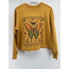 Zoe + Liv Mustard Yellow Celestial Butterfly Cropped Sweatshirt Medium Boho