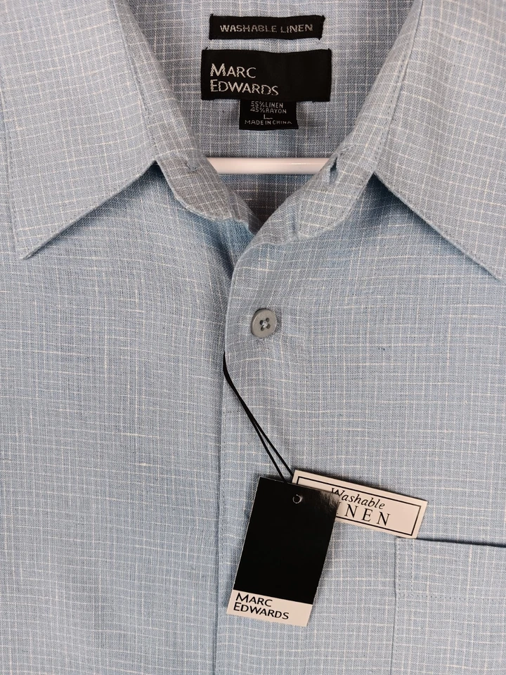 Marc Edwards Men's Size L Blue S/S Washable Linen Blend Button-Up Shirt NWT - Image 4 of 4