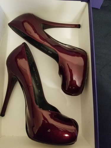 Stuart Weitzman Burgundy Patent Leather Peep Toe Pumps - Picture 7 of 7