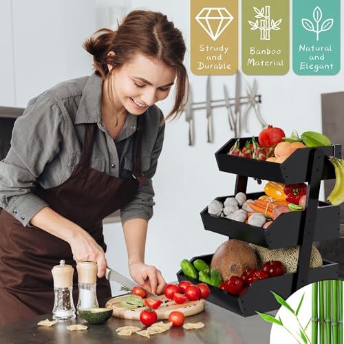 Fruit Basket Kitchen Counter Organizer Bamboo 3 Tier Fruit Bowl And Vegetable St - Picture 2 of 7