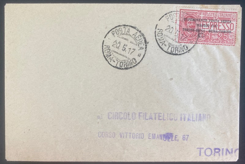 1917 Rome Italy Experimental Flight Airmail Cover To Torino Sc#C1 Special Delive