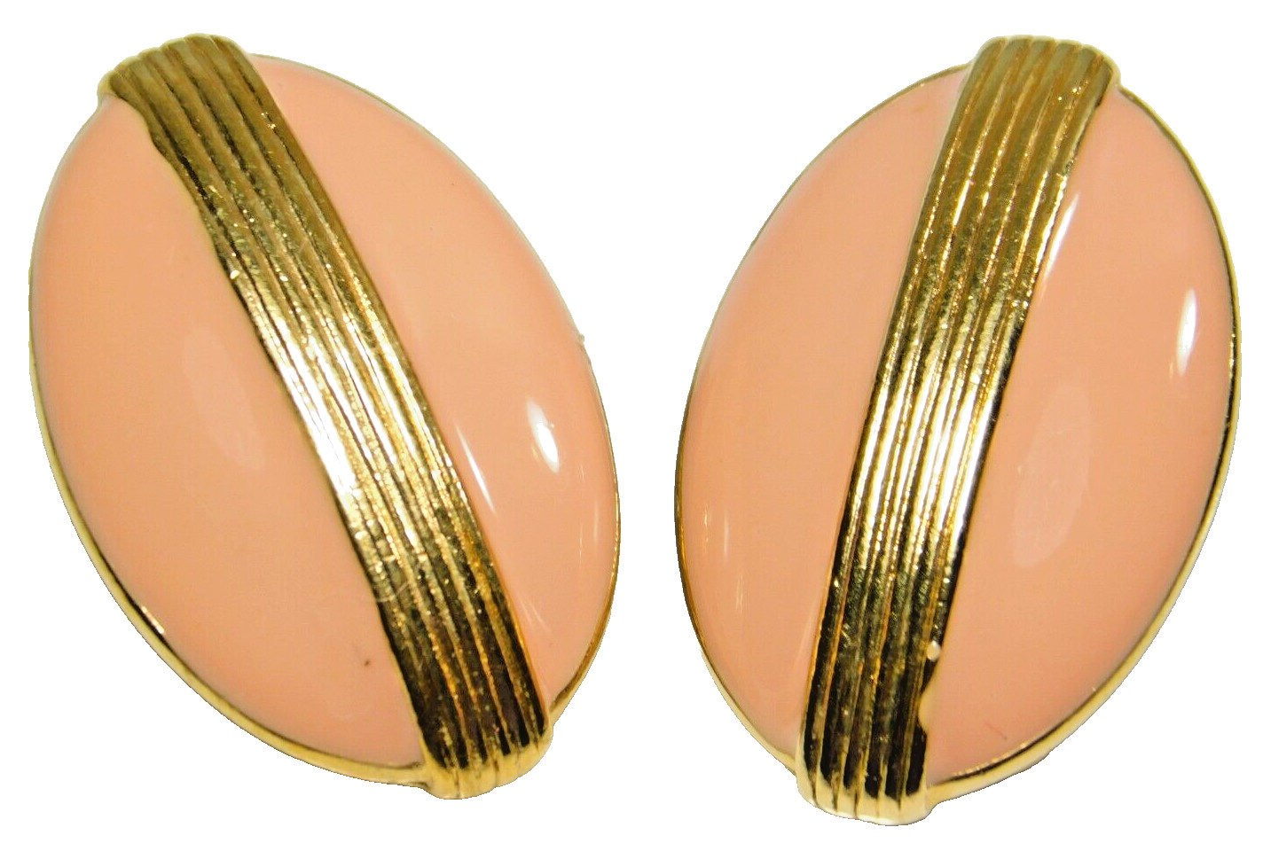 Vintage Pink Enamel Gold Tone Deco Style Oval Clip On Earrings