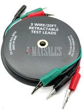 3 WIRE 20' RETRACTABLE TEST LEADS 18 GAUGE Alligator Clips in Reel 