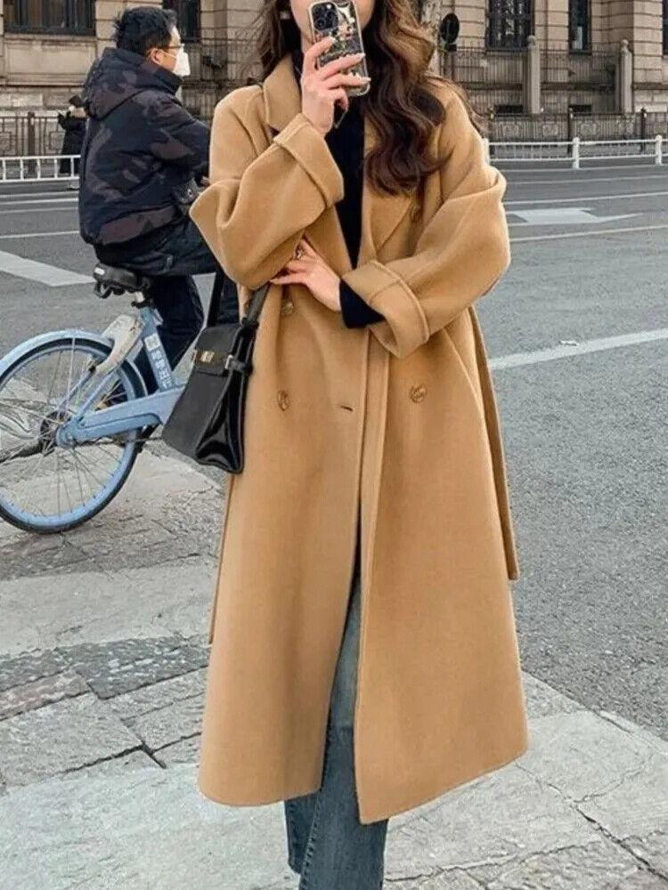Womens Winter Lace Up Woolen Long Overcoat Warm Office Trench Coat