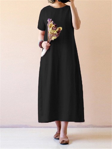 Lange Maxikleider Damenkleid Rundhals Baumwolle Leinen lose Freizeit kurzärmelig - Bild 9 von 11