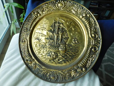 Vintage MCM Brass Decorative Art Wall Plate Plaque Embossed Ship England 14''