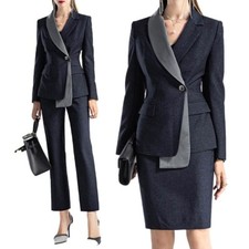Business Women Suits with Ribbon Notch Lapel Casual Single Breasted Jackets Pant