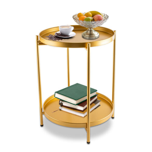 2 Tier Tray Metal End Table, Small Round Side Table Sofa Side Table Round Gold - Picture 5 of 14