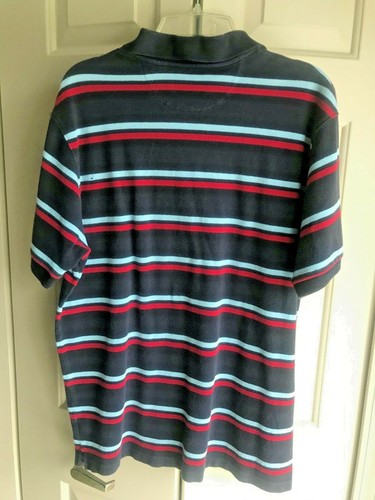 CHAPS Est. 1978 Men's knit Polo Shirt Size L/G Blue with Lt Blue & Red Stripes - Picture 2 of 5