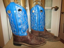 Old West BSY1840 Youth Size 5 D Blue Brown Leather Square Toe Cowboy Boots