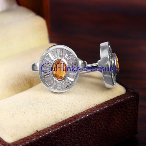 Natural Citrine & CZ Gemstones with 925 Sterling Silver Cufflinks For Men's #3 - Picture 1 of 7