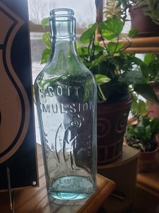 Vintage Scott's Emulsion Cod Liver Oil With Lime and Soda Bottle Aqua Blue Glass
