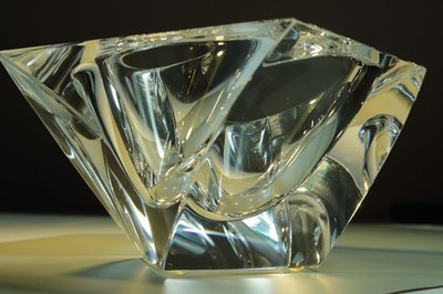 Orrefors Modernist Sculptural Crystal Bowl   Signed   Heavy Square Block Design