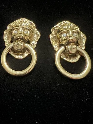 Vtg KJL for Avon Crystal Gold Tone Lion Head Door Knocker Pierced Earrings - Image 1 of 3